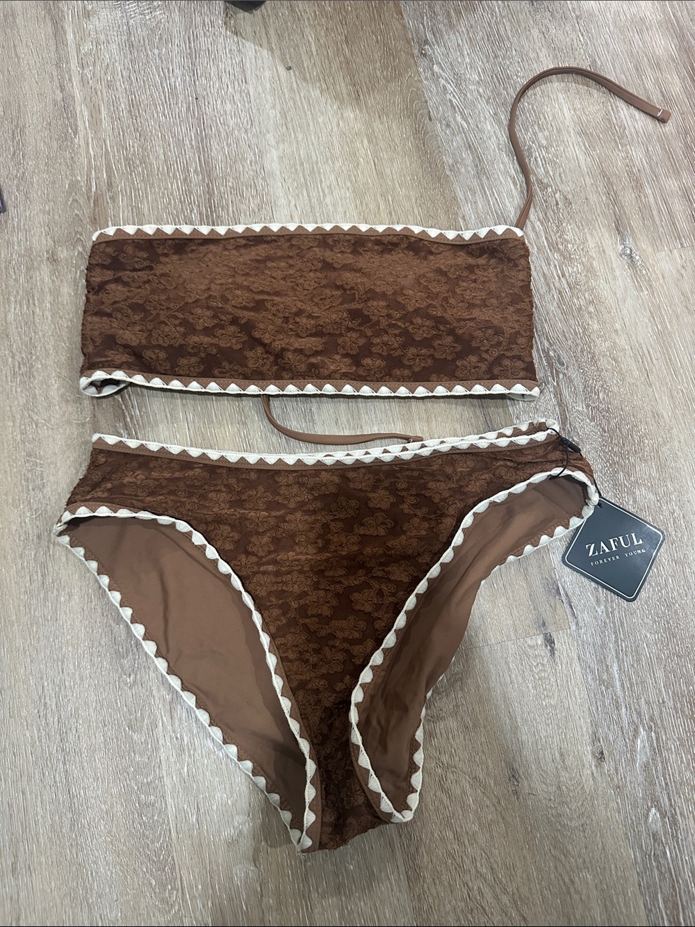 Zaful Brown Floral Jacquard Bandeau Bikini with Cream Trim